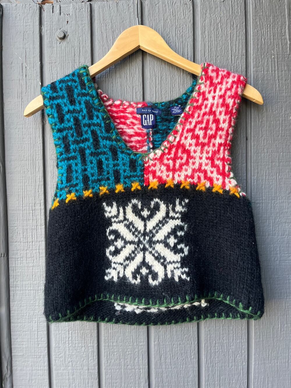 Vintage GAP Knit By Hand Sweater Vest Women’s M Patchwork Fair Isle Wool